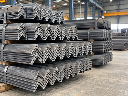 Bundles of MS angle sections stacked by size in a steel warehouse