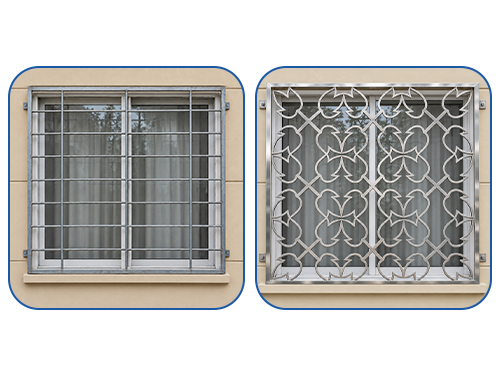 A plain mild steel window grill beside an ornate stainless steel window grill